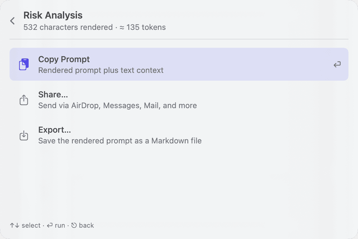 Blueprint actions — copy, share, or export the rendered prompt