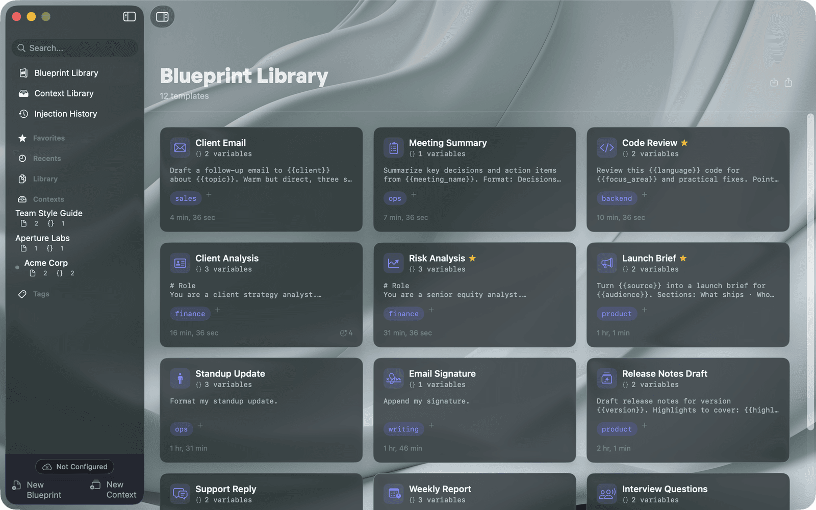 The Blueprint Library — reusable prompts with tags, variables, and favorites (dark appearance)