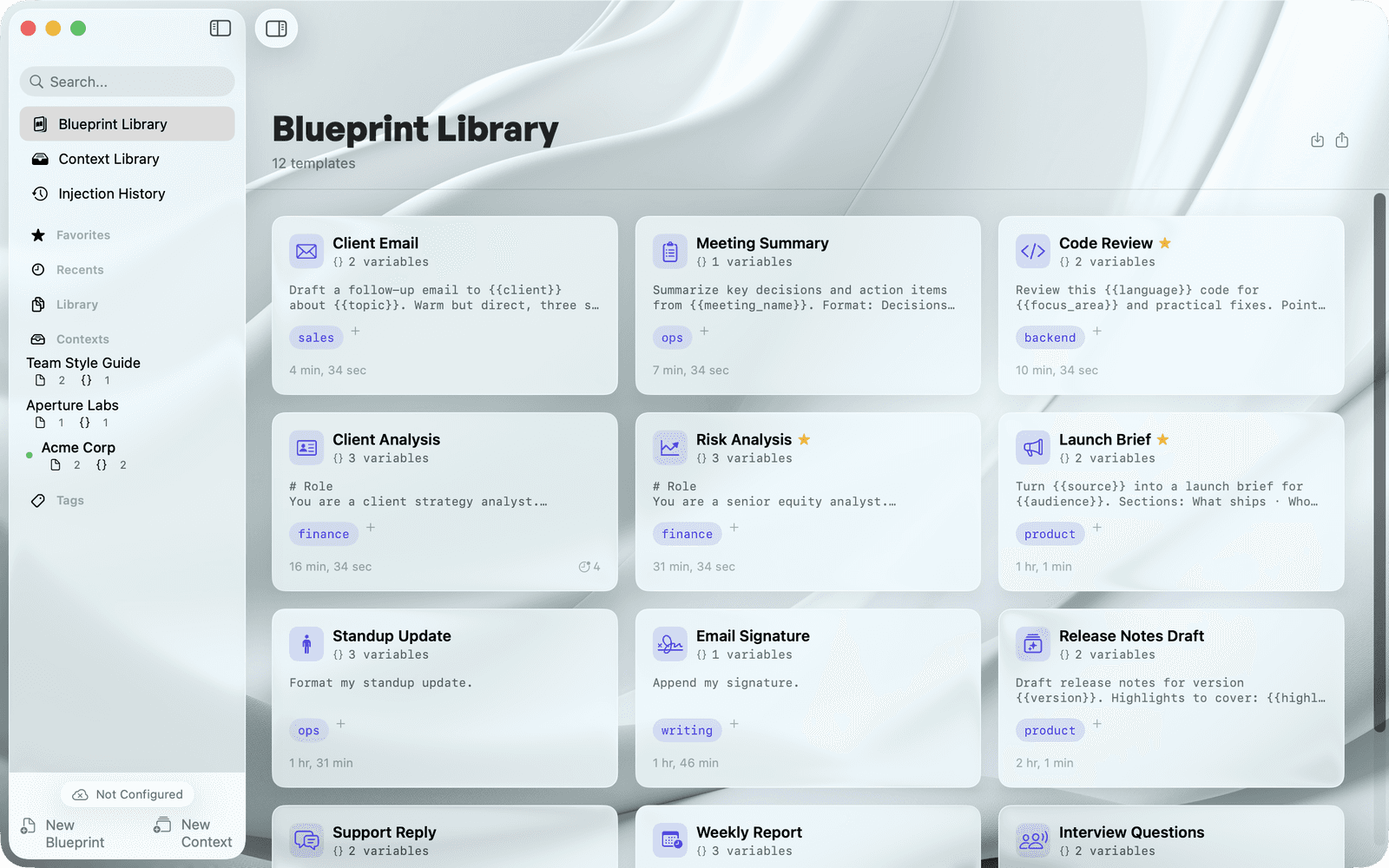The Blueprint Library — reusable prompts with tags, variables, and favorites (light appearance)