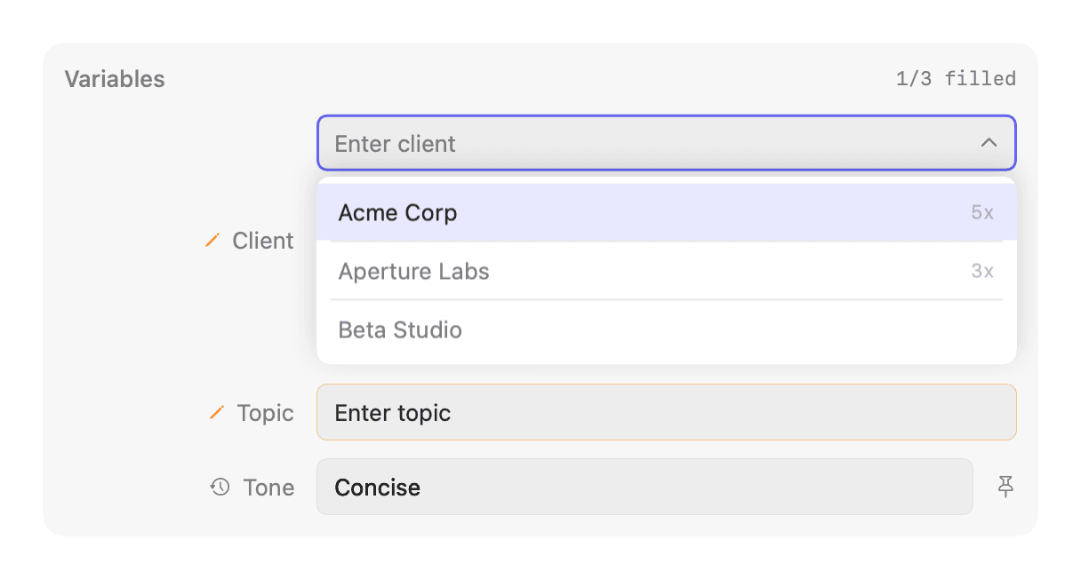 Docked variable form — saved-value dropdown open (light appearance)