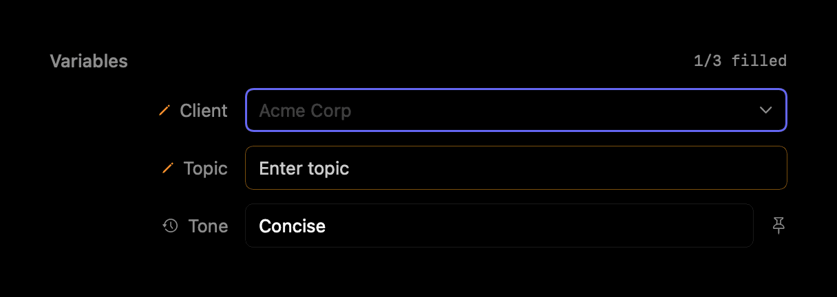 Docked variable form — ghost-text suggestion in a field (dark appearance)