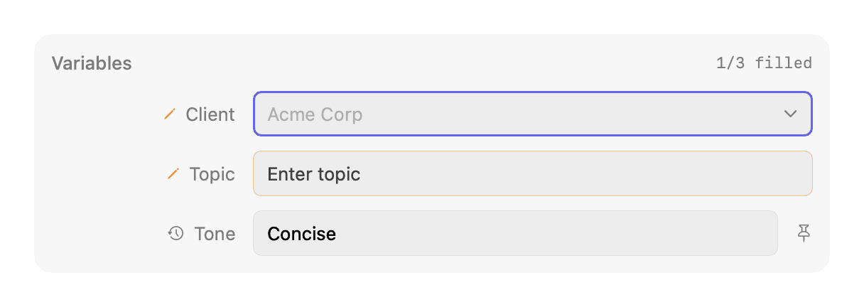 Docked variable form — ghost-text suggestion in a field (light appearance)