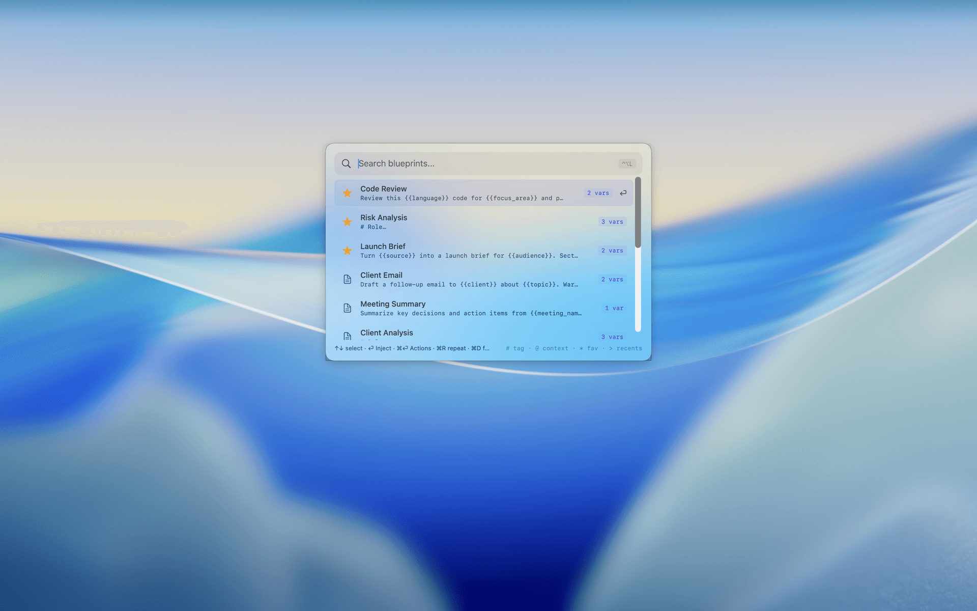 The launcher summoned over the desktop — search Blueprints, first result selected (light appearance)