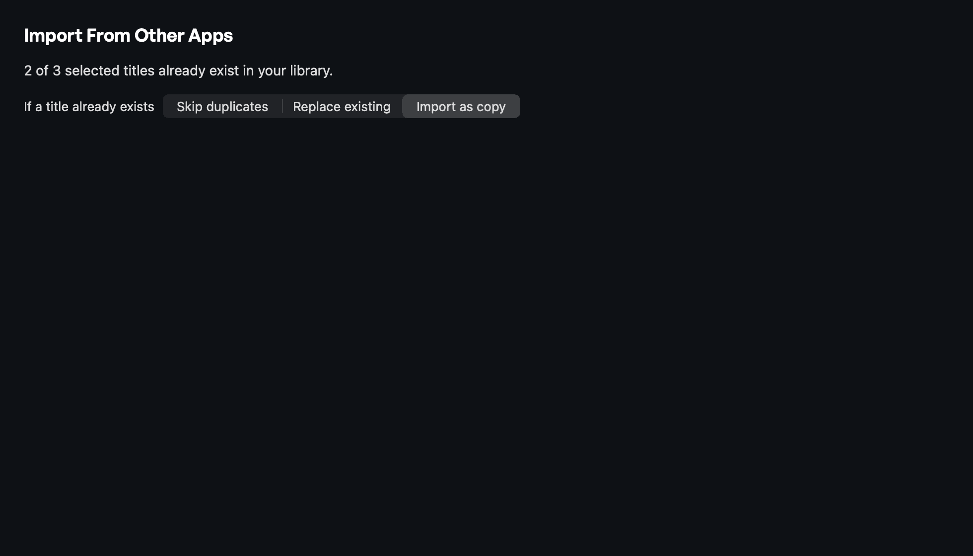 Import from Espanso, Alfred, Raycast, and Obsidian — duplicate handling (dark appearance)