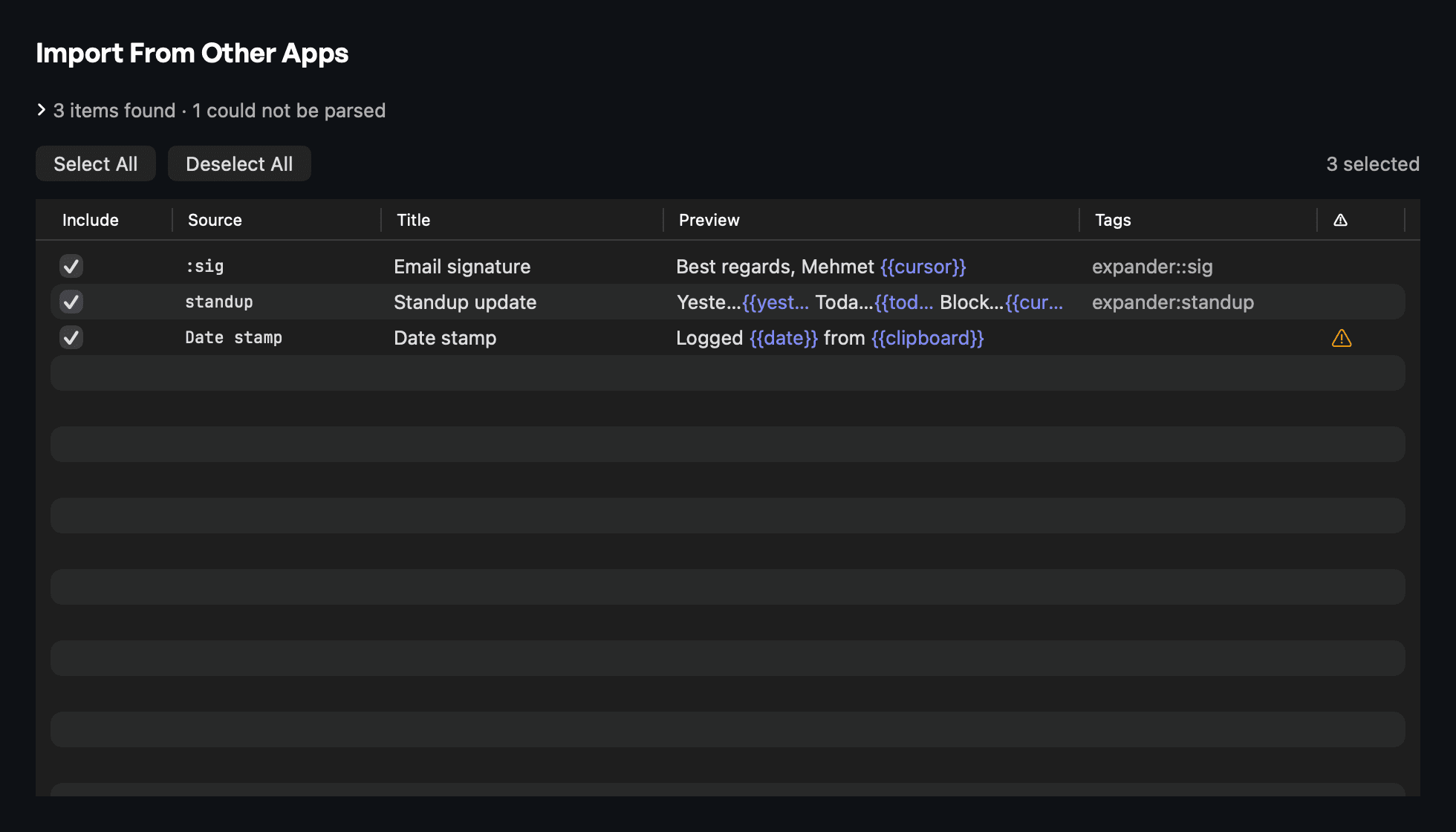 Import from Espanso, Alfred, Raycast, and Obsidian — preview what will import (dark appearance)