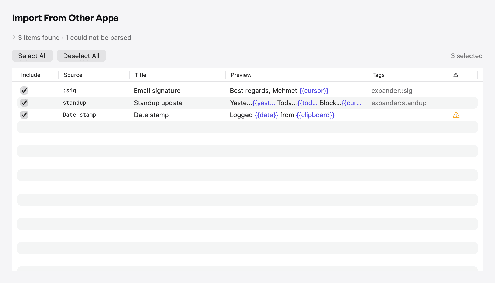 Import from Espanso, Alfred, Raycast, and Obsidian — preview what will import (light appearance)