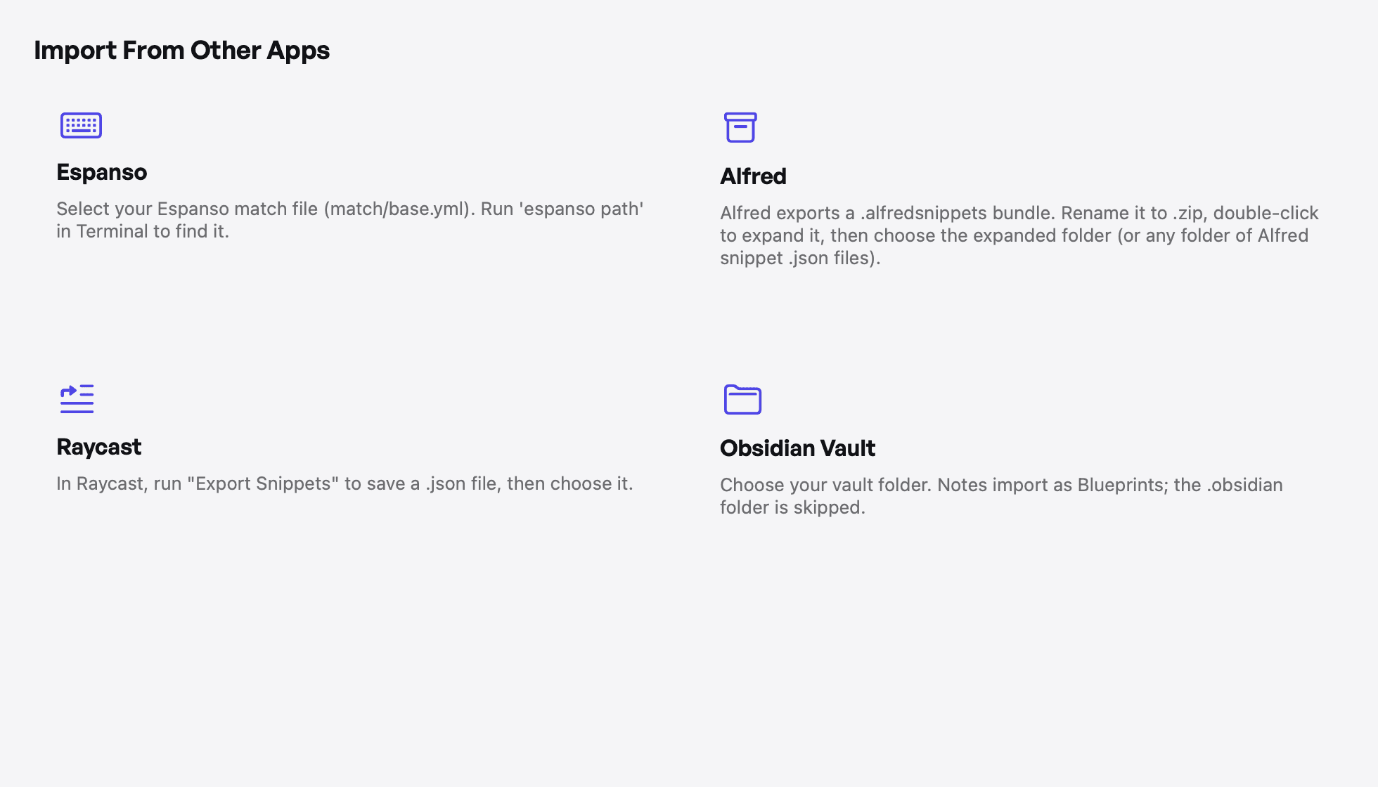 Import from Espanso, Alfred, Raycast, and Obsidian — choose a source (light appearance)