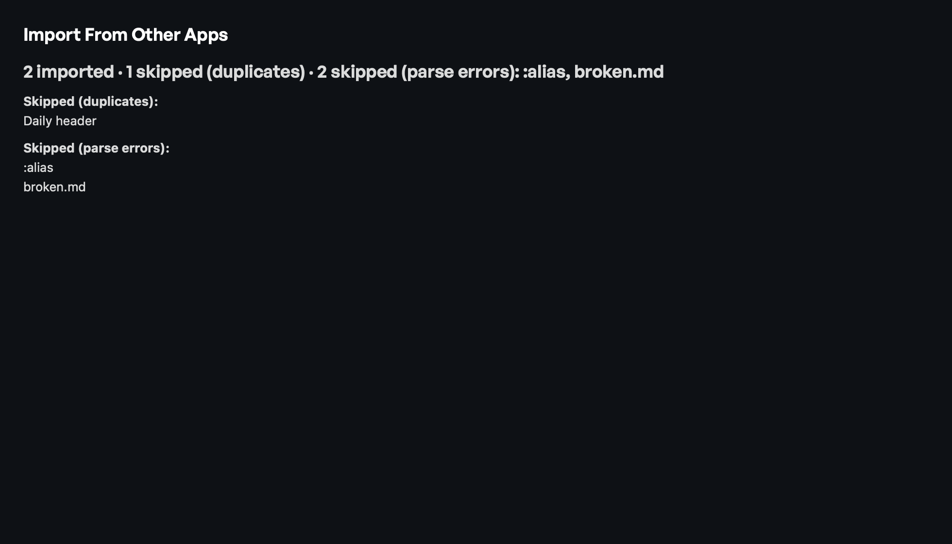 Import from Espanso, Alfred, Raycast, and Obsidian — import summary (dark appearance)