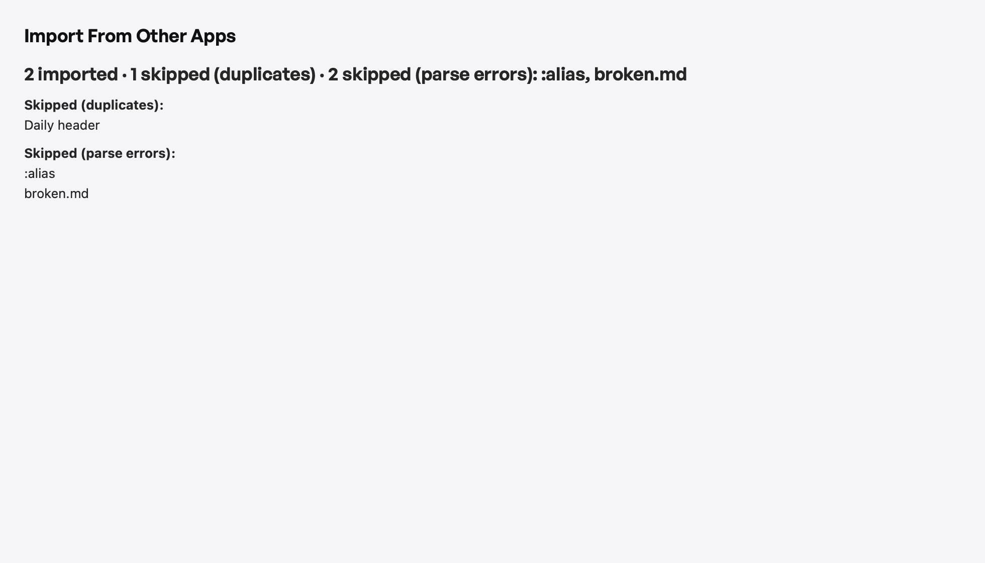 Import from Espanso, Alfred, Raycast, and Obsidian — import summary (light appearance)