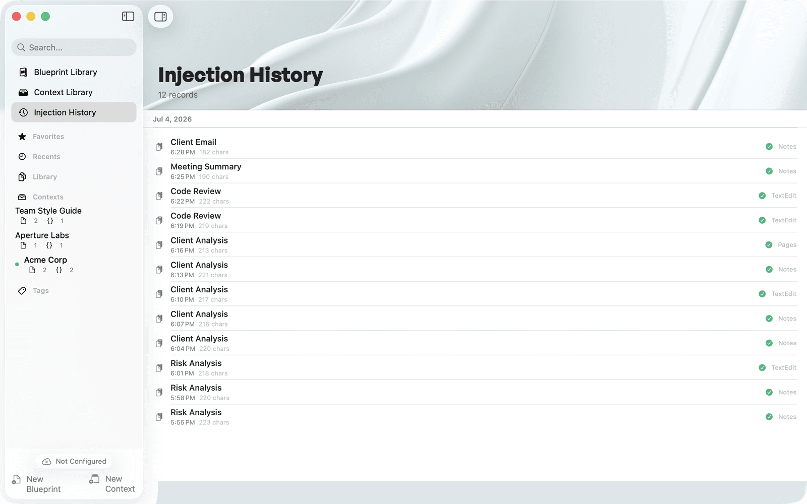 Injection History — every inject recorded with its target app