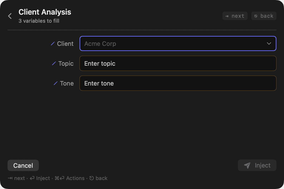 Ghost-text suggestion in the variable form (dark appearance)
