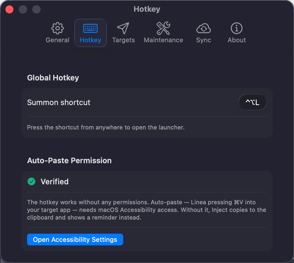 Settings · Hotkey — summon shortcut and the Auto-Paste permission model (dark appearance)
