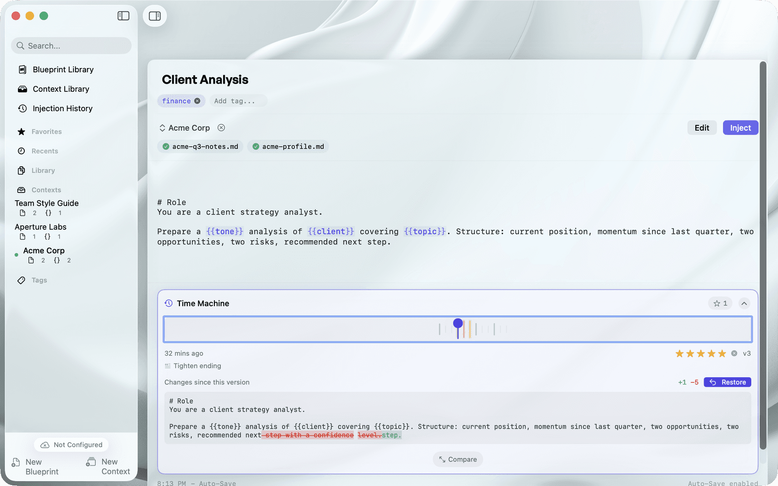 Time Machine — version history with ratings, diff, and restore